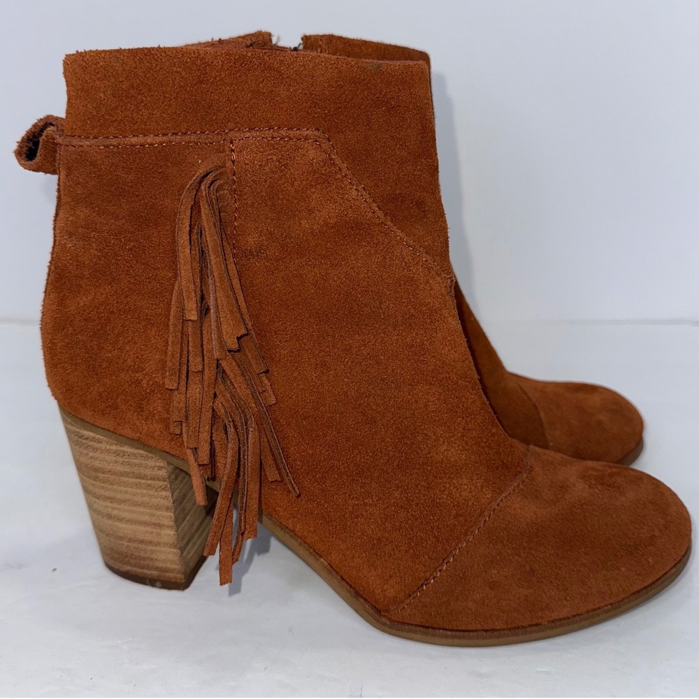 Toms Fringe Ankle Rust Color Boots 8 Suede Block Heel Western Boho Cowgirl Chic